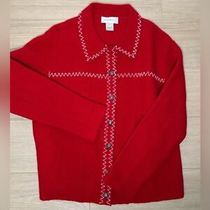 Vintage Susan Bristol 100% Wool Hand Embroidered Red Cardigan